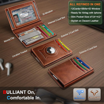 BULLIANT Men Airtag Wallet,Slim Wallet Money Clip Card Holder Magnetic Closure 12 Cards in Front Pocket RFID Blocking