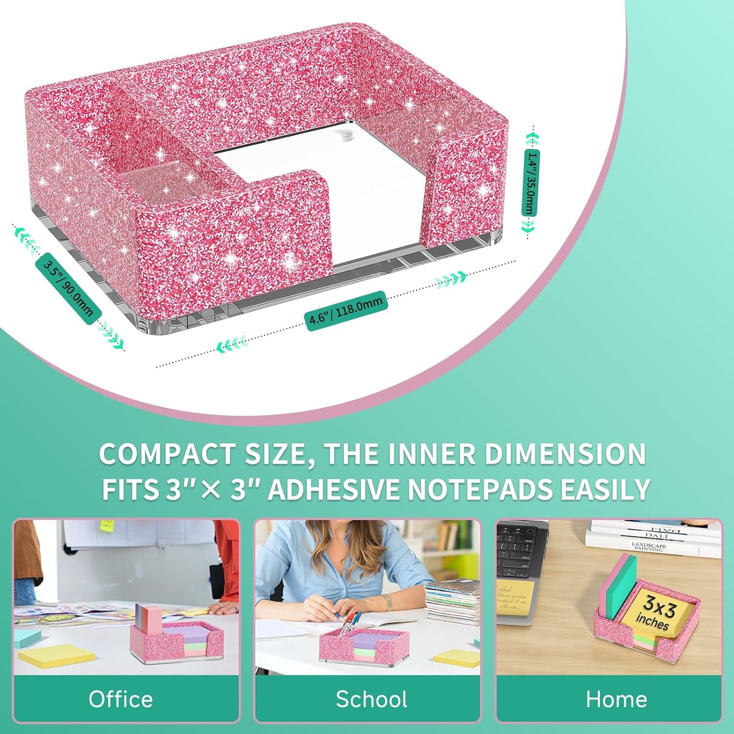 Sticky Note Holder, Glitter Pink Acrylic Notepad Holder 3x3 in Self-Stick Note Dispenser Office Desk Accessories, Memo Pad Holder Organizer for Classroom School Supplies