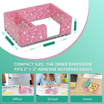 Sticky Note Holder, Glitter Pink Acrylic Notepad Holder 3x3 in Self-Stick Note Dispenser Office Desk Accessories, Memo Pad Holder Organizer for Classroom School Supplies