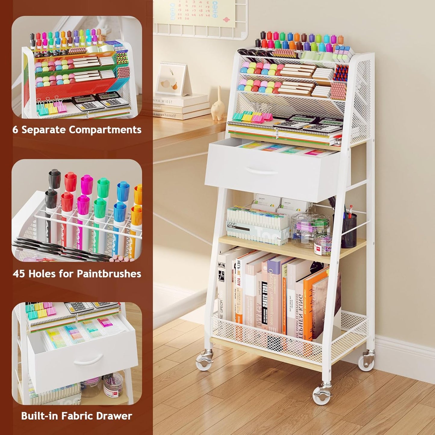 Homsorout 3 Tier Rolling Cart - Metal Utility Cart with Storage Drawer and Wheels, Versatile Art & Craft Organizer for Home, Office, or Studio - Ideal for Storing Brushes, Paints, and Supplies