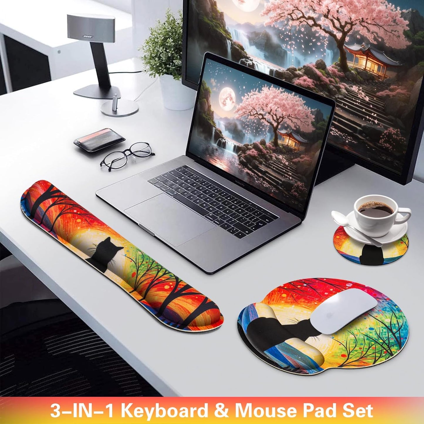 Ergonomic Keyboard Wrist Rest, Mouse Pad with Wrist Rest Anime, Cat Gaming Mousepad with Wrist Support, Memory Foam Wrist Rest Set for Computer Keyboard, Funny Cute Office Desk Accessories