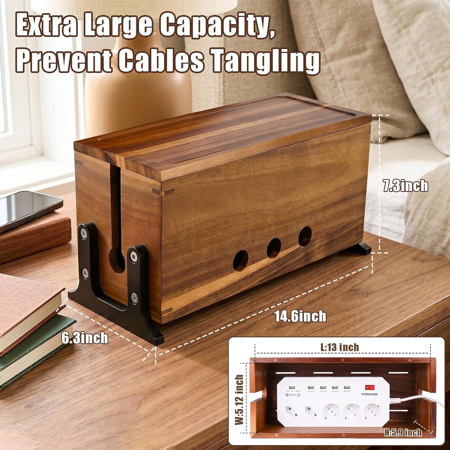 Extra Large Cable Management Box, Cord Organizer & Hider Box, Acacia Wood Cable Box for Chargers, Power Strip, USB, Floor & Desk Cables & Cords Storage, Children & Pet Safe