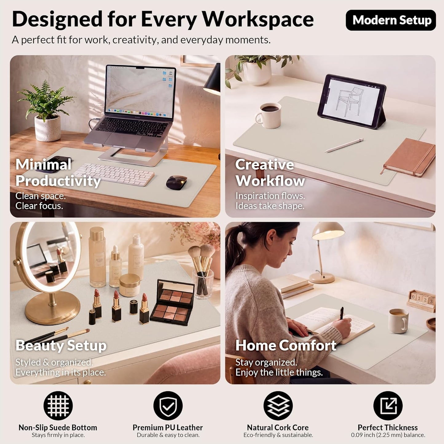 AFIING Large Desk Mat 47" x 17", Dual-Sided Natural Cork & PU Leather Desk Pad, Non-Slip Waterproof Mouse Pad for Office, Home & Gaming, Black