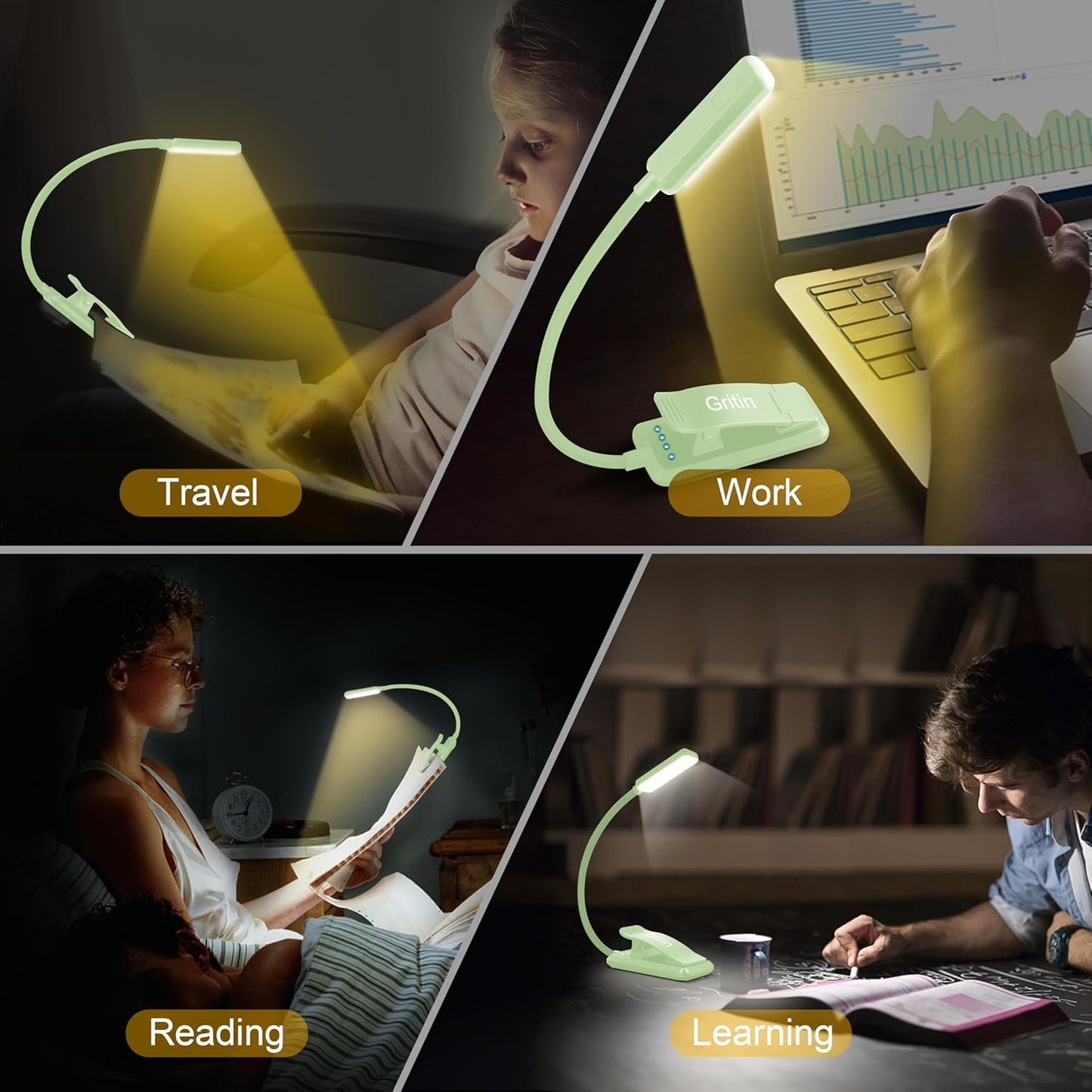 Gritin 9 LED Rechargeable Book Light for Reading in Bed - Eye Caring 3 Color Temperatures,Stepless Dimming Brightness,80 Hrs Runtime Small Lightweight Clip On Book Reading Light for Studying