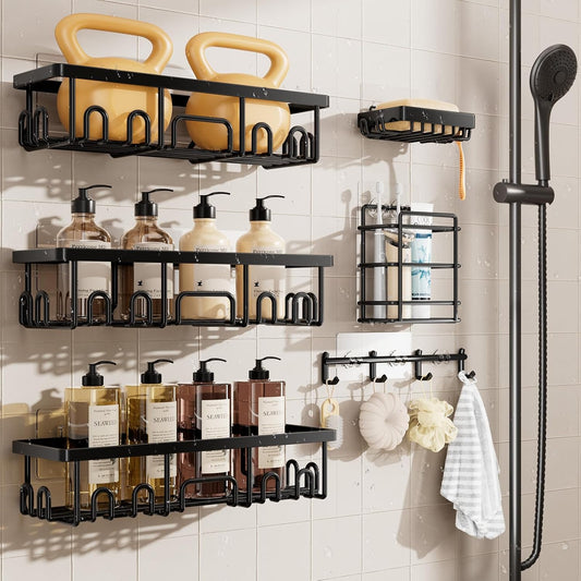 Veken Shower Caddy 6-Pack, Advanced Rustproof Design, No Drilling Adhesive Shelves, Rack with Soap Holder, Large Capacity Bathroom Organizers and Storage, Wall-Mounted Kitchen & Home Decor