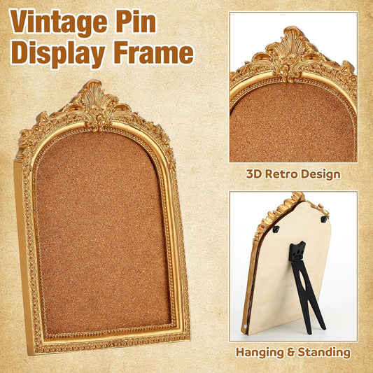 Sliner Vintage Pin Display Frame 5 x 7 Inch Decorative Collectible Pin Board with Cork Board Gold Retro 3D Display Frame for Wall Desktops Holder