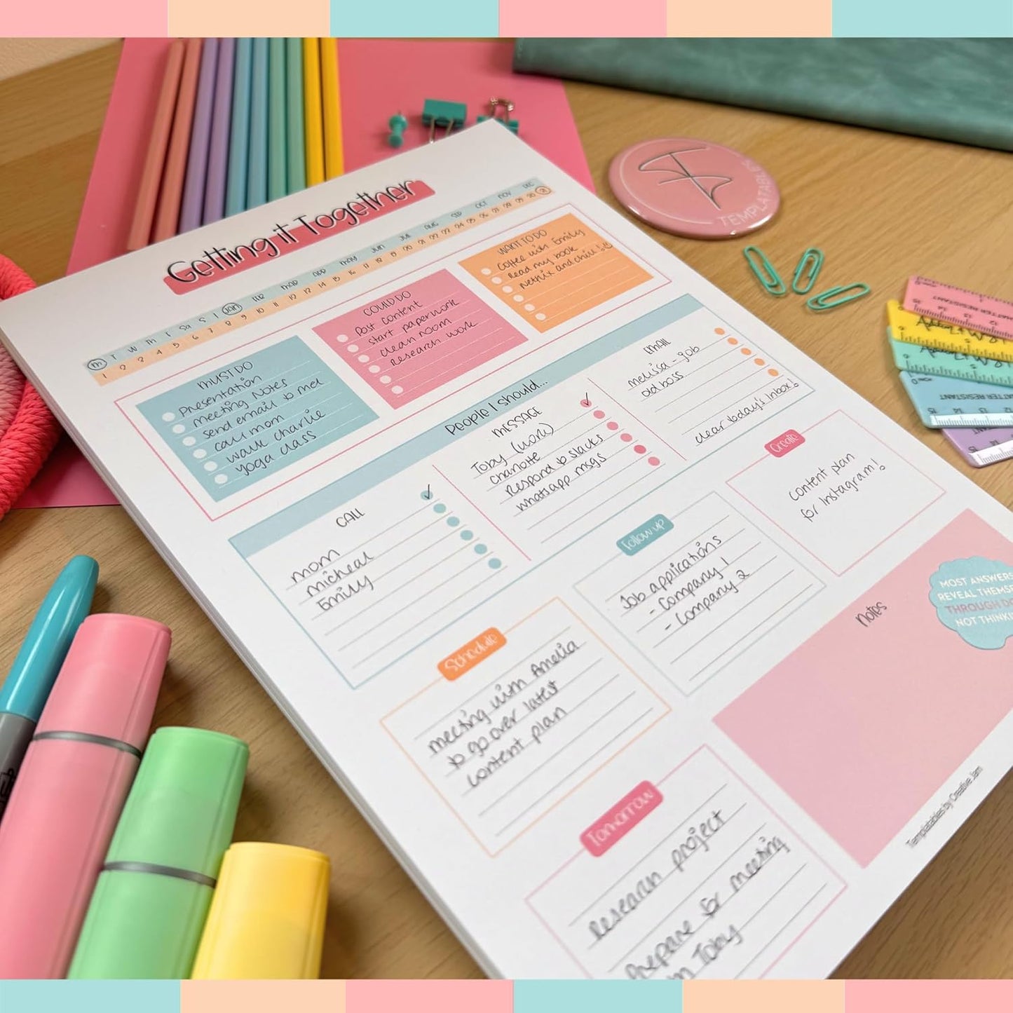 Templatables Brain Dump Notepad, To Do List Desk Pad, Productivity Planner, ADHD Daily Planner | 50 Undated Tear Away Sheets A4 (Colorful)