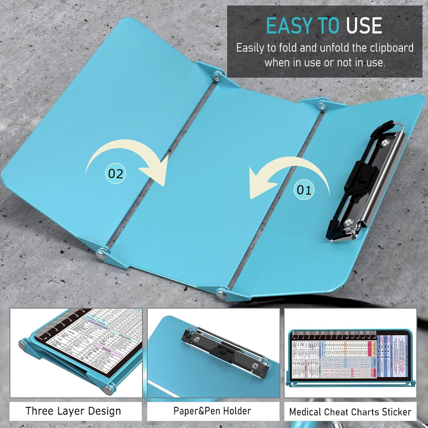 Nursing Clipboard Foldable, Foldable Clipboard w/Nursing Edition Cheat Charts,3 Layers Aluminum, Nurse Clip Board w/Low Profile Clip&Pen Clip Pocket for Nurses and Doctors,Light Blue