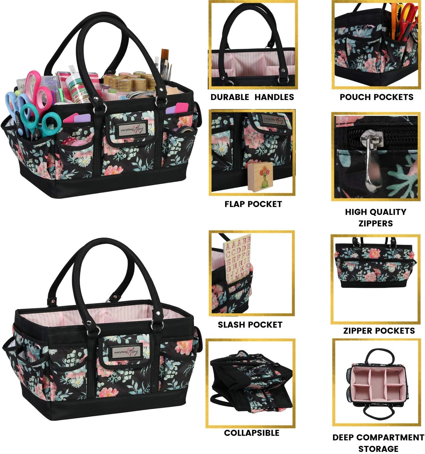 Everything Mary Deluxe Store & Tote Organizer – Tan Dot Craft Tote with Handle – Art Supply Caddy for Sewing, Scrapbooking, DIY Projects & Creative Tool Storage
