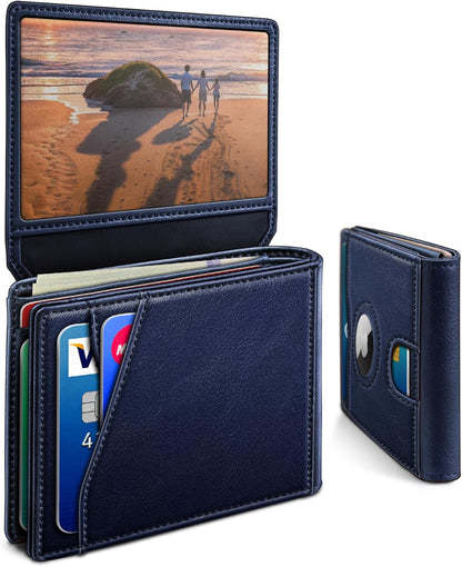 miyozi AirTag Wallet for Men, Slim Leather Bifold with Holder Slot, 2 ID Windows & 13 Card Slots, RFID Blocking Front Pocket Wallet with Gift Box