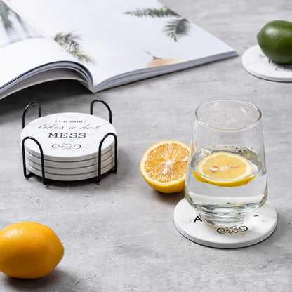 6Pcs Drink Coasters with Holder, Marble Style Ceramic Drink Coaster, Absorbent Coasters Set Suitable for Kinds of Cups, Modern Style Coaster for Coffee Table, 4 Inches