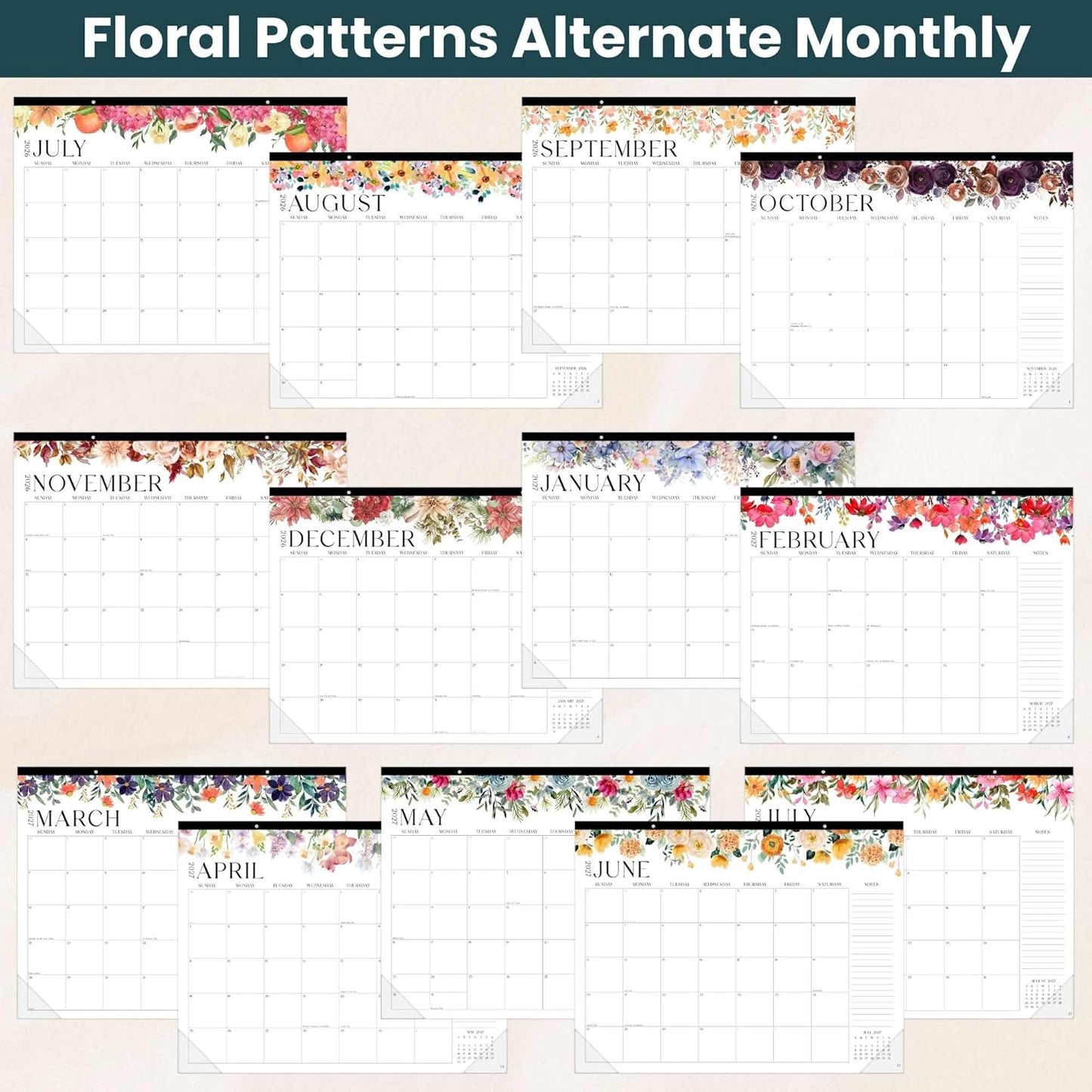 bloom daily planners Desk Calendar 2026-2027 - Academic Year Large Wall Calendar (July 2026 - July 2027) - 21” x 16” Desktop & Hanging Monthly Planner with Stickers for Home or Office - Seasonal