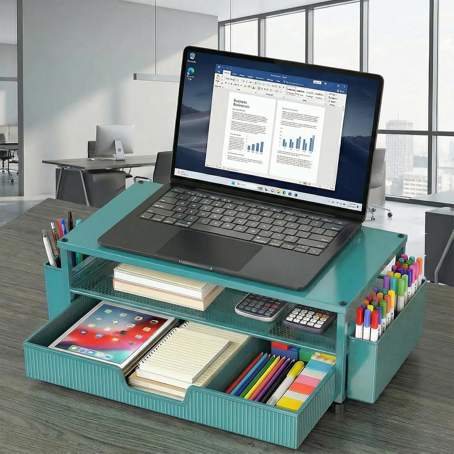ECOLOVI Desk Organizer and Accessories, 2-Tier Computer Monitor Stand Rise with Storage Drawer & 2 Pen Holders, Laptop & Printer Stand for Desktop, Workspace Organizers for Office Supplies (Brown)