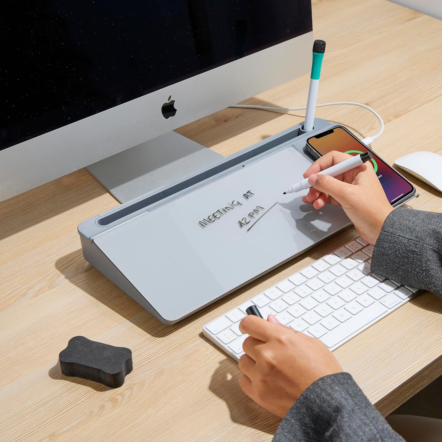 GAROOD Desktop Whiteboard with Storage Desk White Board Desk Board Glass White Board with Stand Home Office Organizer Phone Holder 15.8X7X2 inches