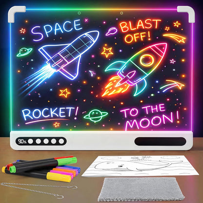 Led Drawing Board for Kids, 16" Rechargeable Neon Message Board with 7 Light Modes, Cordless Design, Built‑in Stand, Wall‑Mount Ready, Doodle Glow Drawing Board, Pens & Tracing Book Included