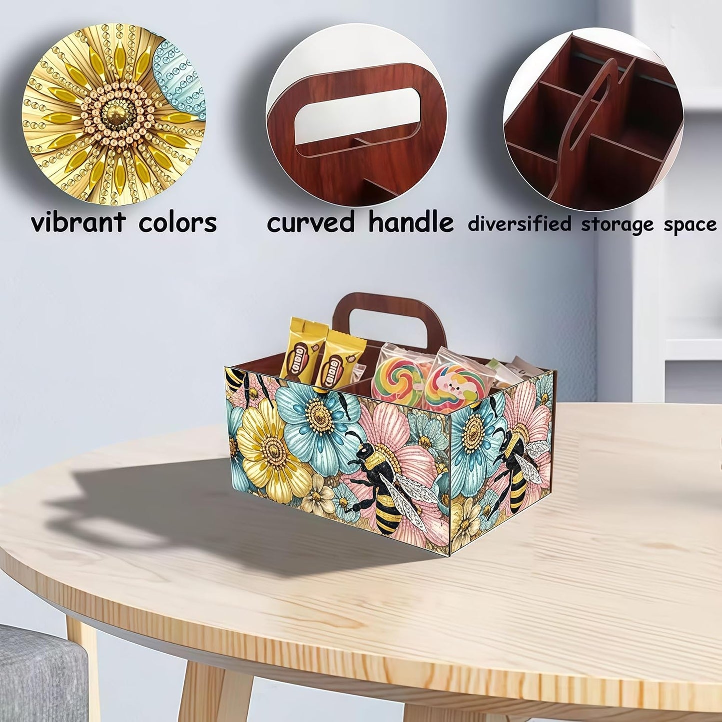 LSQFS DIY Diamond Painting Storage Box, Wooden Multi-Grid Organizer with Handle, Portable Desktop Caddy for Art Kits, Craft Tools, Makeup Brushes, Stationery Home Office