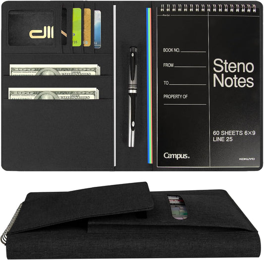 Journal Cover for Rocketbook Flip | 6"x9" Steno Pad Holder & Top Spiral Notebook Cover | Waterproof Folio with Pen Loop & File Pocket for A5, Executive Size Notebooks (Black)