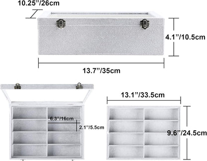 Frebeauty 16 Slots Sunglasses Organizer,2 Layer Velvet Sunglasses Tray with Glass Lid,Multiple Pairs Sunglass Display Case for Man or Woman,13.7 * 10.25 * 4.1 Inches Eyeglass/Eyewear Box (Beige)
