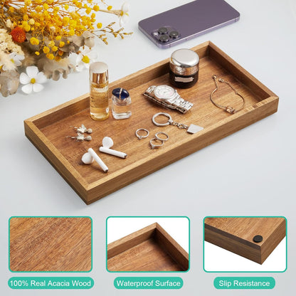 ALELION 8" Acacia Wood Bathroom Vanity Tray for Counter - Dresser Top Tray for Perfume Jewelry Candle Key Catchall - Small Kitchen Countertop Organizer for Soap Dispenser and Sponge Holder
