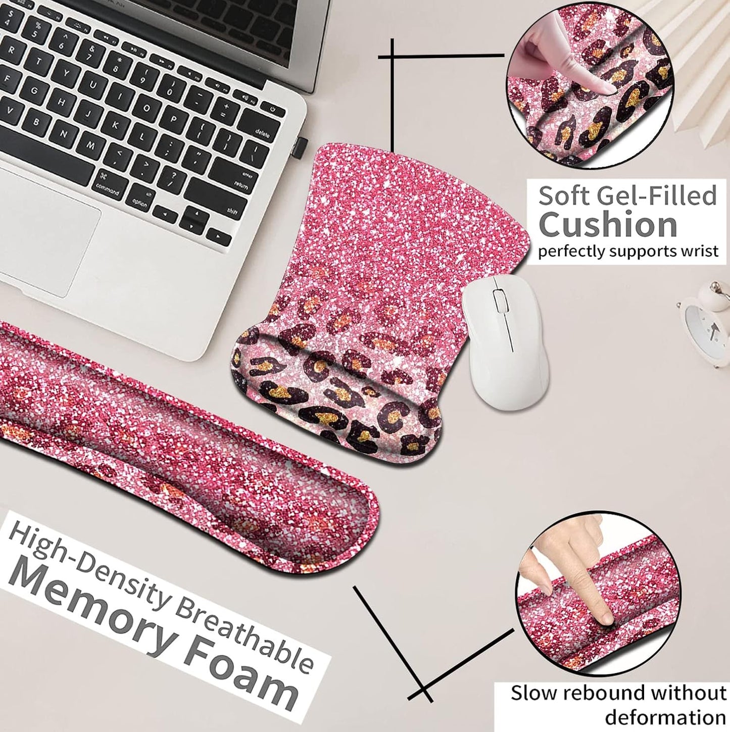 Mouse Pad with Wrist Support, Ergonomic Gel Mouse Pad Beautiful Flowers,Non-Slip Durable, Memory Foam Keyboard Wrist Rest, Suitable for Office Typing Games, Pink Hyacinths on Wood Panel