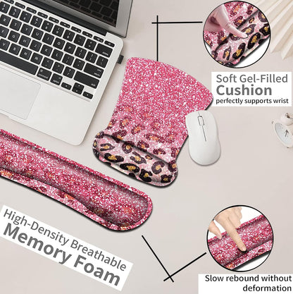 Mouse Pad with Wrist Support, Ergonomic Gel Mouse Pad Beautiful Flowers,Non-Slip Durable, Memory Foam Keyboard Wrist Rest, Suitable for Office Typing Games, Pink Hyacinths on Wood Panel