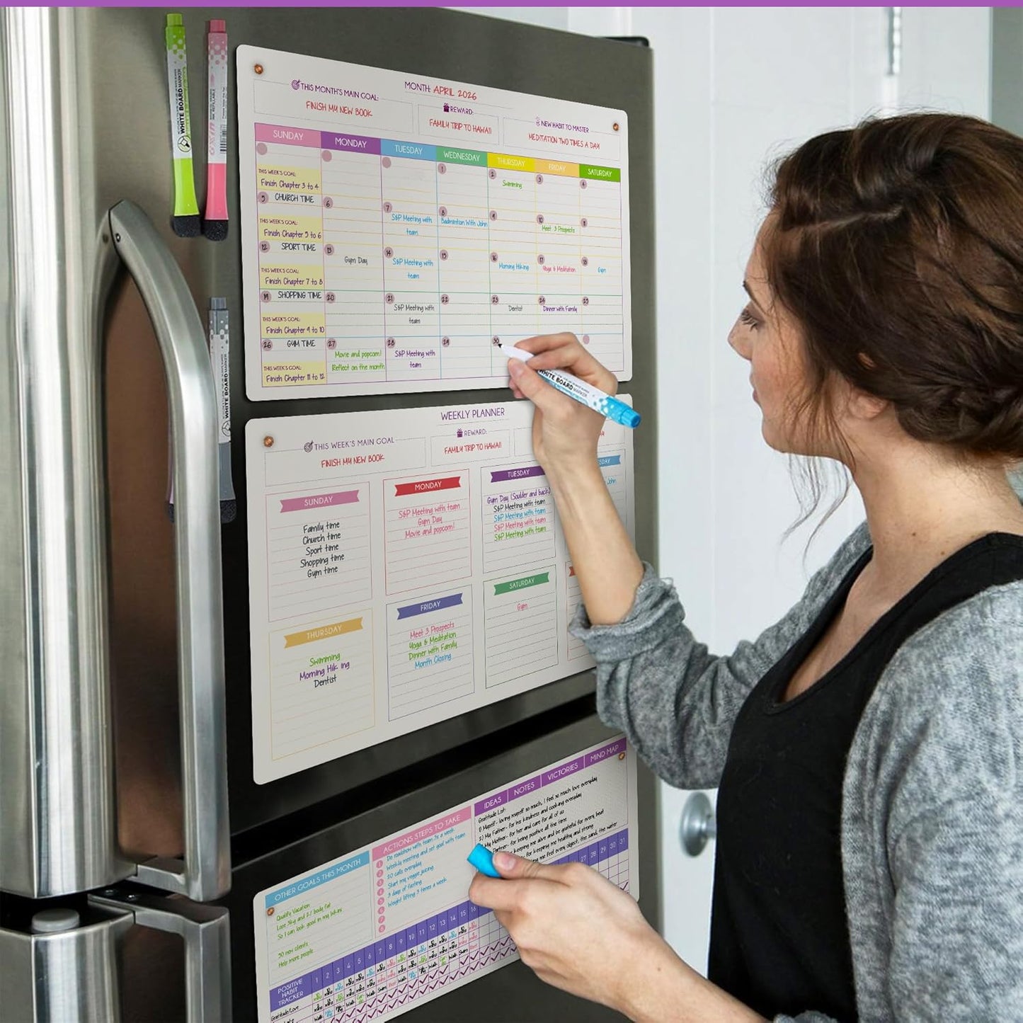 Magnetic Whiteboard for Fridge - Large Dry Erase Calendar for Wall | 2 Magnetic Dry Erase Board 10.5" x 16.5" & 7" x 16.5", Monthly Goal Setting & Habit Tracker, 5 Markers and 6 Adhesive Hooks