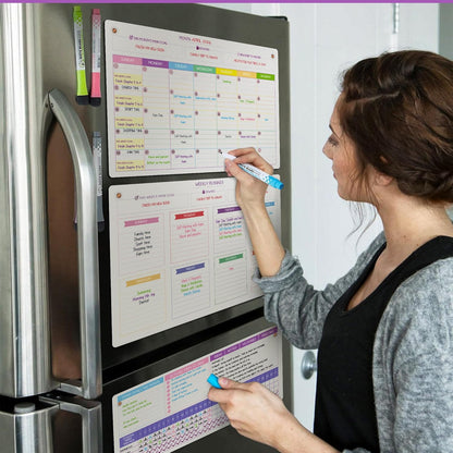 Magnetic Whiteboard for Fridge - Large Dry Erase Calendar for Wall | 2 Magnetic Dry Erase Board 10.5" x 16.5" & 7" x 16.5", Monthly Goal Setting & Habit Tracker, 5 Markers and 6 Adhesive Hooks
