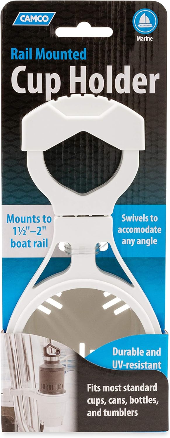 Camco Large Clamp Mounted Cup Holder-Provides a Secure Location for Your Beverage-Mountable for Up to 2-Inch Rail-White (53083)