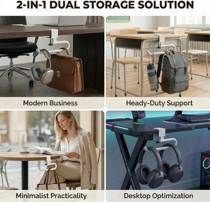 Desk Hook & Bag Hooks for Tables, Anti-Slip 60LB Heavy Duty Clamp-On Backpack Hanger, Extended Clearance Bag Holder for Desk for Office & Gaming, Adjustable (0.19-1.57in) (White)
