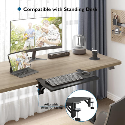 BONTEC Desk Extender Tray, 11.8"x5.9" Table Mount Arm Wrist Rest Shelf, 90°Foldable Elbow Support, Clamp on Computer Arm Rest for Desk, Office & Home Use, Durable & Easy to Install, Black Carbon Fiber
