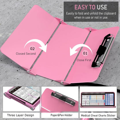 Nursing Clipboard Foldable, Foldable Clipboard w/Nursing Edition Cheat Charts,3 Layers Aluminum, Nurse Clip Board w/Low Profile Clip&Pen Clip Pocket for Nurses and Doctors,Light Blue
