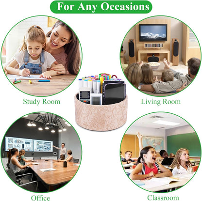 Round Leather Art Supply Organizer,Remote Control Holder,360 Degree Rotating,Multi-Functional Pencil Holder,4 Compartments Desktop Stationary Organizer(1-Fractal Flower) | Round - Colors A