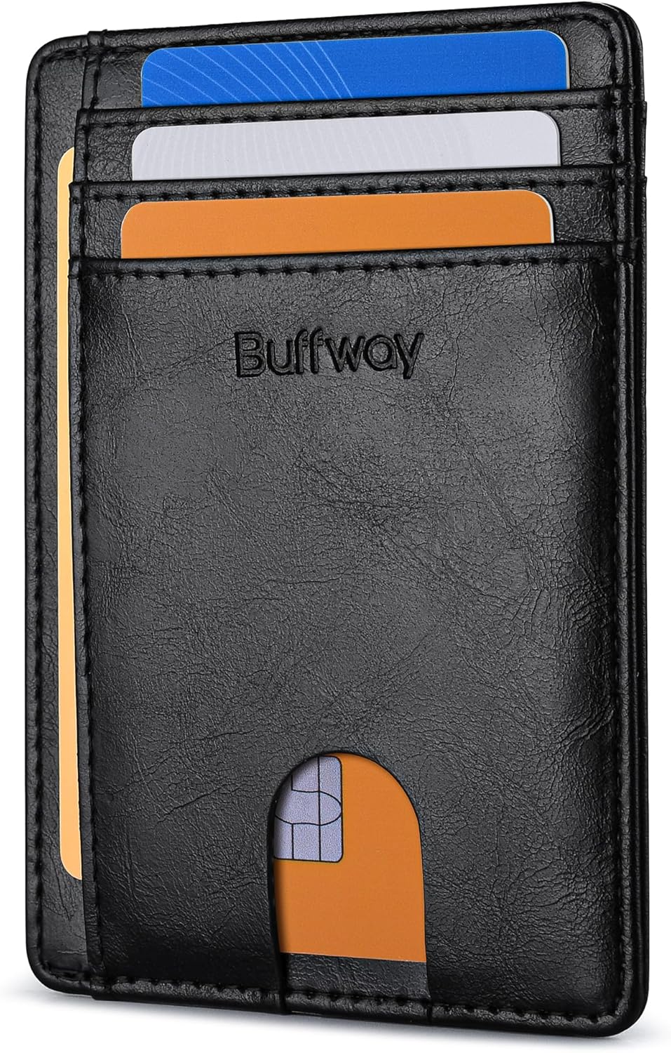 Buffway Slim Minimalist Front Pocket RFID Blocking Leather Wallets for Men and Women - Carbon Fiber Black - Colors A