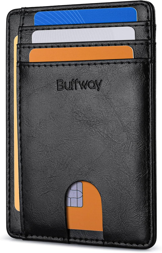Buffway Slim Minimalist Front Pocket RFID Blocking Leather Wallets for Men and Women - Carbon Fiber Black - Colors A