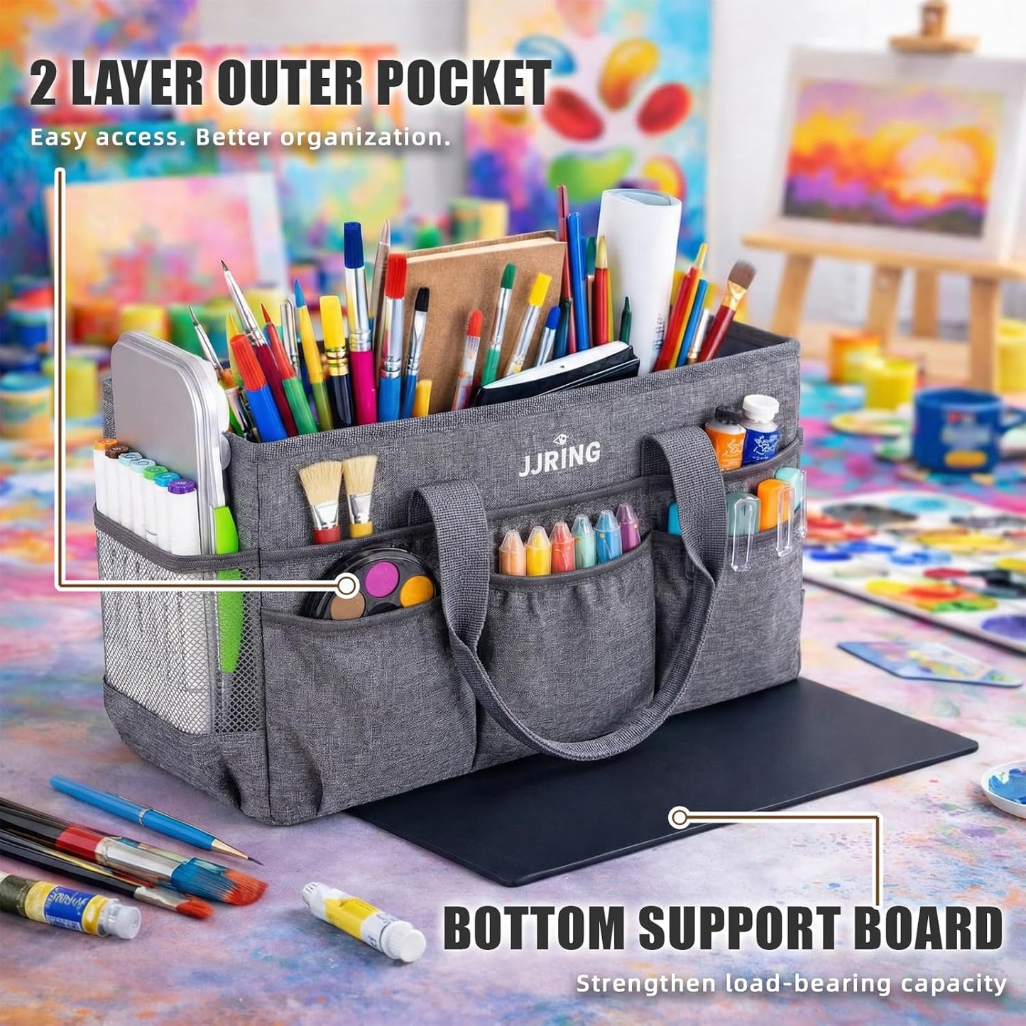 JJRING Large Art Supply Storage Tote Bag With 2 Mesh Side Pockets & Front Elastic Pockets – Sturdy Craft Organizer Caddy with Reinforced Bottom For Sewing, Scrapbooking, Teachers & Artists(Green) | Breathable Material