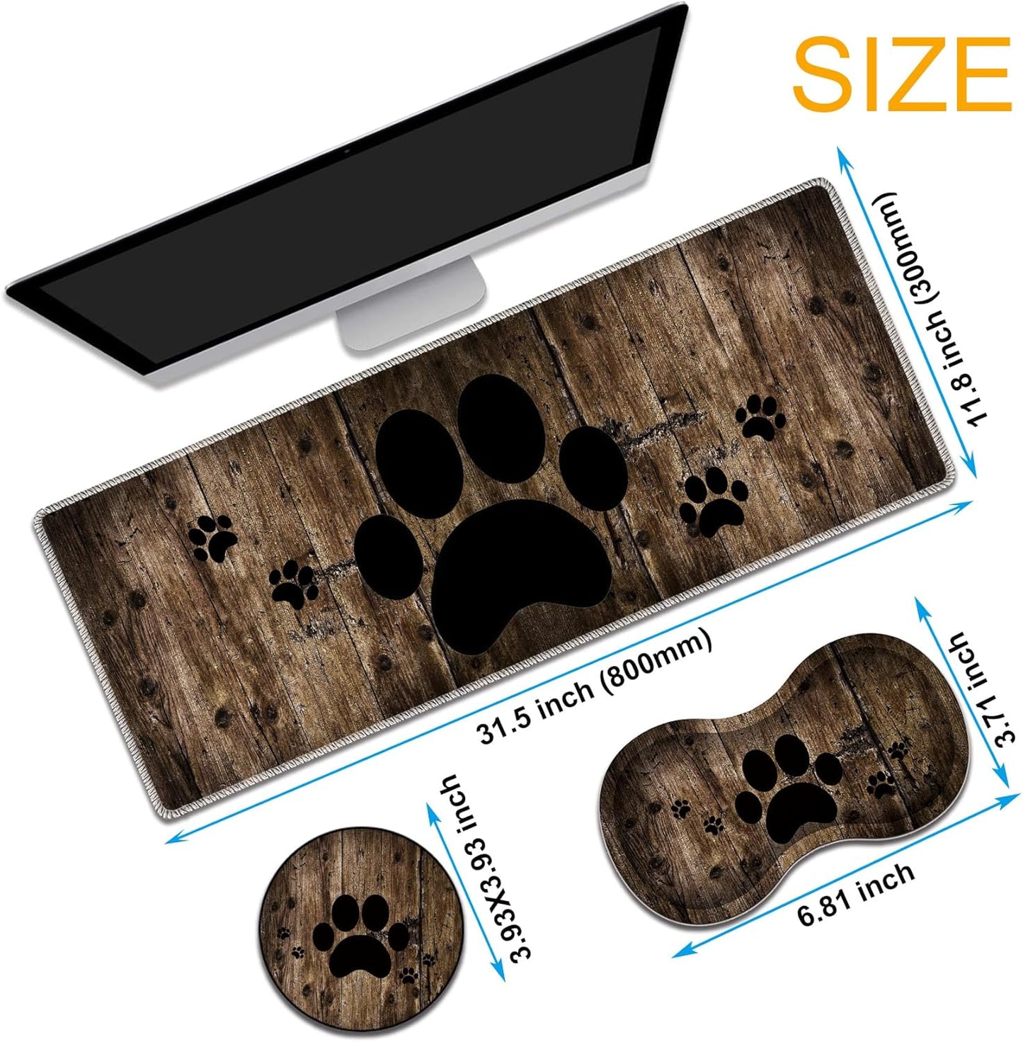 Mouse Wrist Rest and Keyboard Wrist Rest Pad Set, Non-Slip Rubber Base Smooth Surface Ergonomic Gaming Mouse Pad for Easy Typing and Pain Relief, Antique Blue Wood Grain Dog Paw + Coaster
