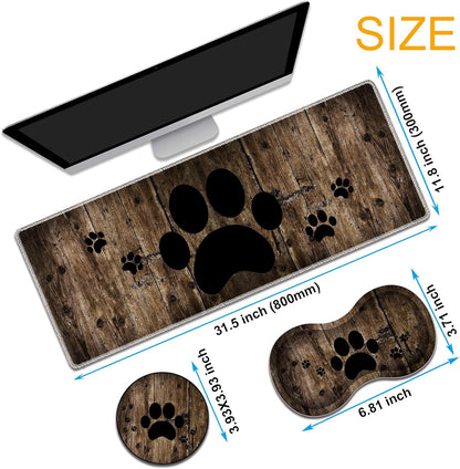 Mouse Wrist Rest and Keyboard Wrist Rest Pad Set, Non-Slip Rubber Base Smooth Surface Ergonomic Gaming Mouse Pad for Easy Typing and Pain Relief, Antique Blue Wood Grain Dog Paw + Coaster