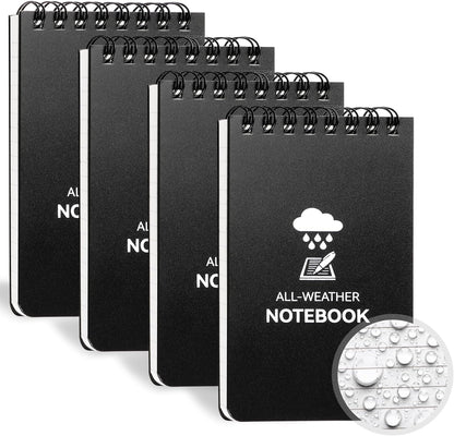 COIDEA Waterproof Notebook, 4 Pack Top-Spiral Pocket Notepad, 3" x 5" Weatherproof NotePad, All Weather Police Pocket Notebook Little Memo Steno Note Pads for Outdoor Office School Recording, Black