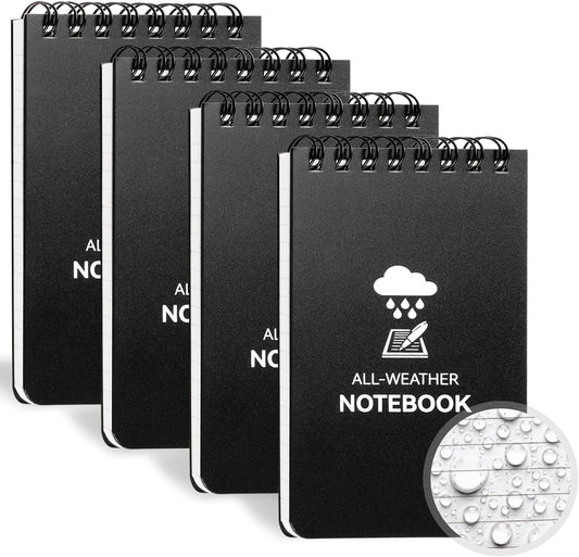 COIDEA Waterproof Notebook, 4 Pack Top-Spiral Pocket Notepad, 3" x 5" Weatherproof NotePad, All Weather Police Pocket Notebook Little Memo Steno Note Pads for Outdoor Office School Recording, Black