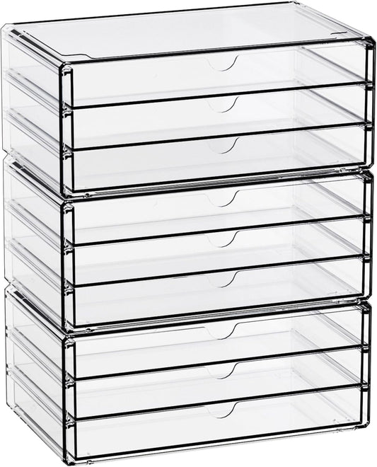Yieach 9 Pack Small Acrylic Drawers With 18 Drawers,Clear Drawer Organizers Stackable,School,Office Supplies Organizer And Storage Bins for Stationery,Pen,Pencil,Craft,Glasses,Sunglass Organizer Case