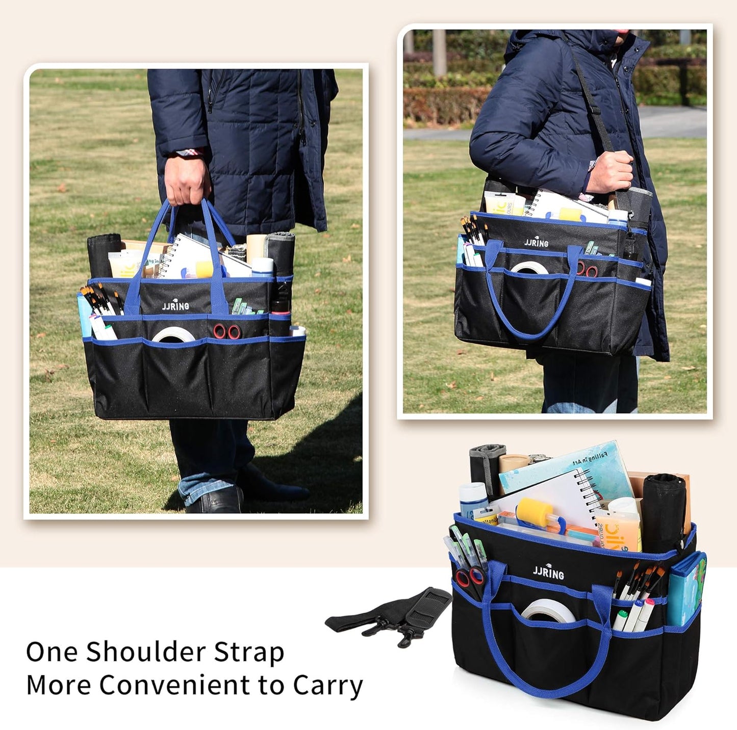 Jjring Craft and Art Organizer Tote Bag - 600D Silver Nylon Fabric Art Caddy with Pockets - for Art, Craft, Sewing, Medical, and Office Supplies Storage