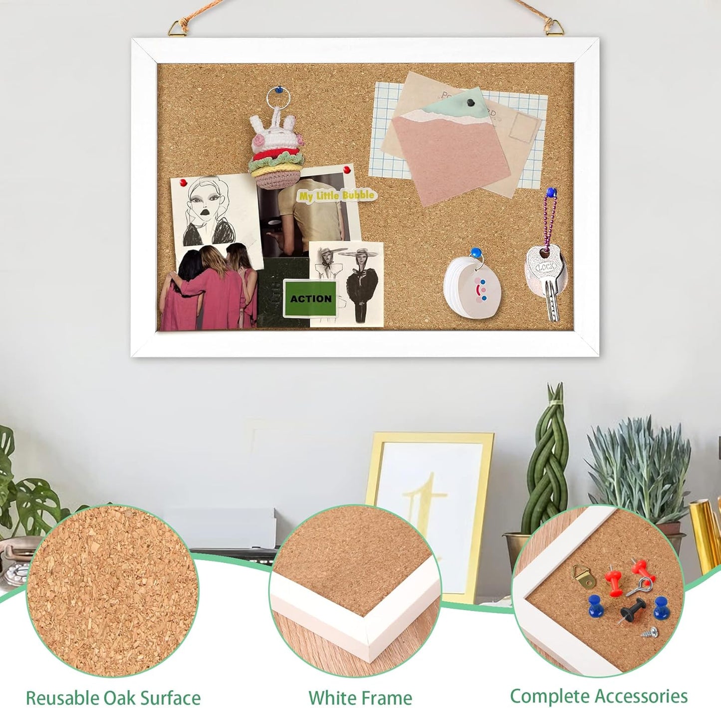 FEBSNOW Cork Board Bulletin Board 15.7 x 12 Inches with Rectangle White Frame Hanging Pin for Office Home Message Board or Vision Board Decoration