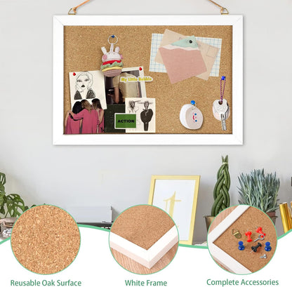FEBSNOW Cork Board Bulletin Board 15.7 x 12 Inches with Rectangle White Frame Hanging Pin for Office Home Message Board or Vision Board Decoration