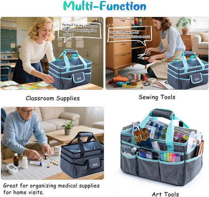 Art Supply Organizer Tote Bag – Craft Caddy with Handle, Utility Storage Tote with Multiple Pockets & Adjustable Divider for Stationary, Sewing, Scrapbooking, School, Office, Medical Supplies