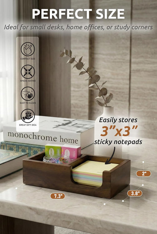 Demigo Wooden Sticky Note Holder for Desk – Solid Acacia Wood Organizer for 3x3 Note Pads, Paper Clips, Office Supplies – Compact Memo Pad Holder for Home Office, Teachers