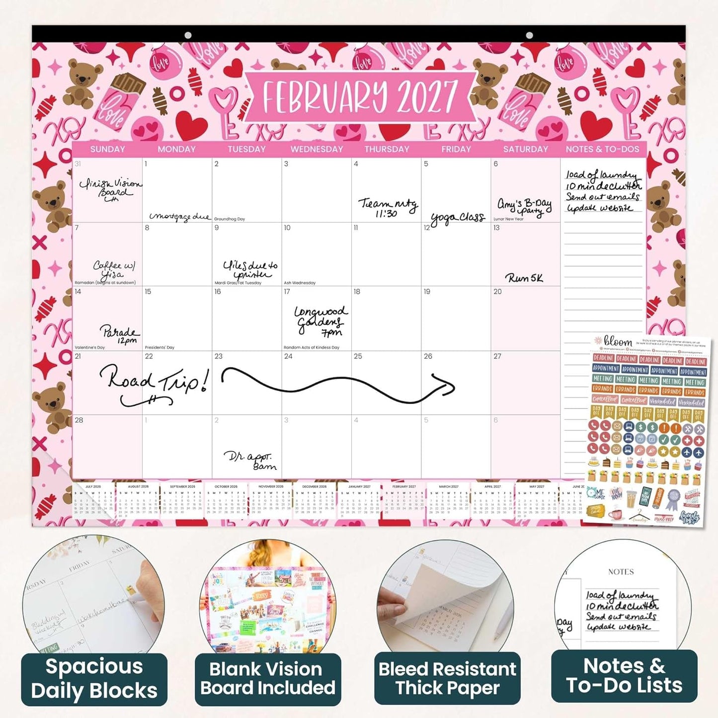 bloom daily planners Desk Calendar 2026-2027 - Academic Year Large Wall Calendar (July 2026 - July 2027) - 21” x 16” Desktop & Hanging Monthly Planner with Stickers for Home or Office - Seasonal