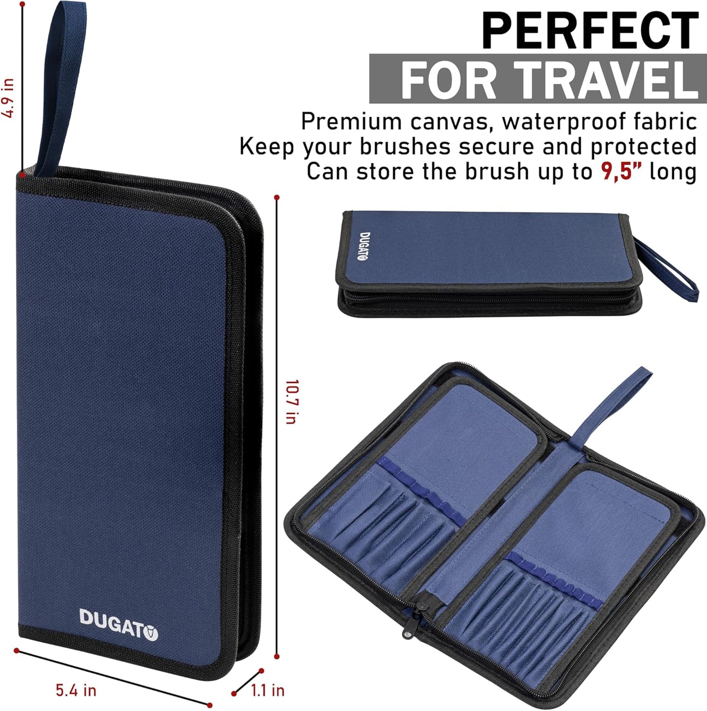 DUGATO Short Paint Brush Holder & Organizer 5.4x10.7 Inches, Blue Canvas Bag for Brushes up to 9.3" Length, Case with 15 Slots, Artist Brush Carrying Case (Brush Not Included)