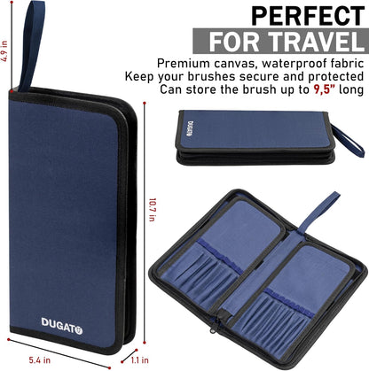 DUGATO Short Paint Brush Holder & Organizer 5.4x10.7 Inches, Blue Canvas Bag for Brushes up to 9.3" Length, Case with 15 Slots, Artist Brush Carrying Case (Brush Not Included)