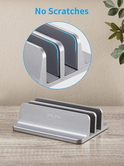 JARLINK Vertical Laptop Stand Holder, Aluminum Double Desktop Stand Holder with Adjustable Dock (Up to 17.3 inch), Compatible with MacBook, Surface, Chromebook, and Gaming Laptops, Silver