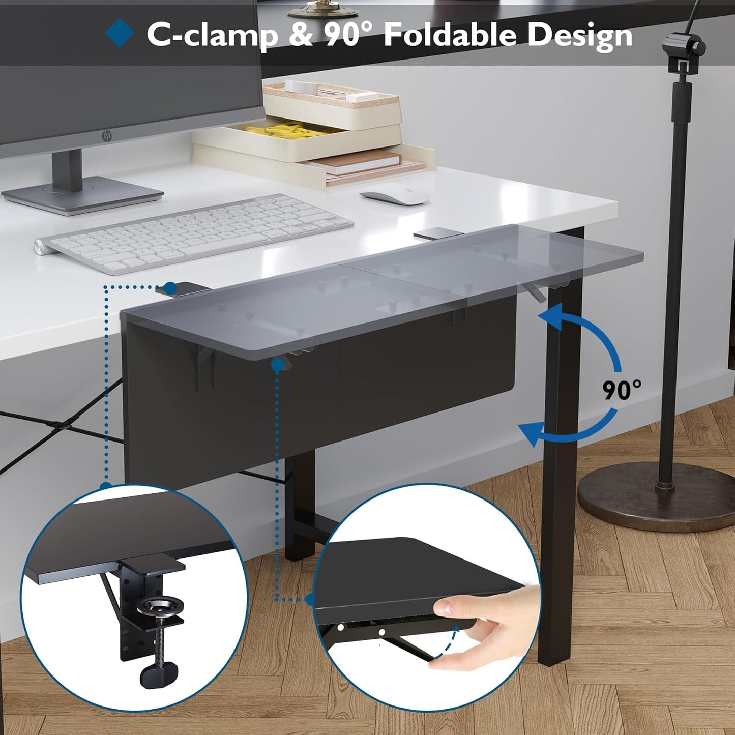 BONTEC Desk Extender Tray, 11.8"x5.9" Table Mount Arm Wrist Rest Shelf, 90°Foldable Elbow Support, Clamp on Computer Arm Rest for Desk, Office & Home Use, Durable & Easy to Install, Black Carbon Fiber